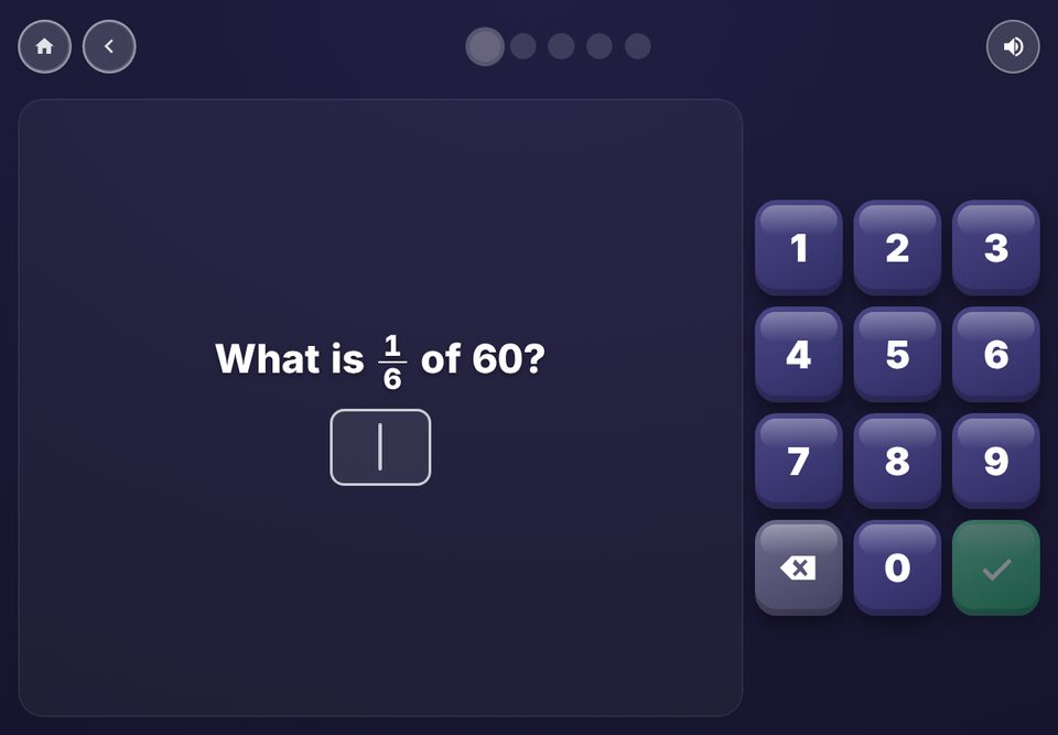 A Year 5 maths question: what is one sixth of 60, with a number pad