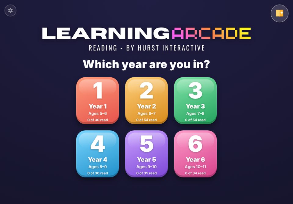 The Learning Arcade Reading title screen with six year group buttons