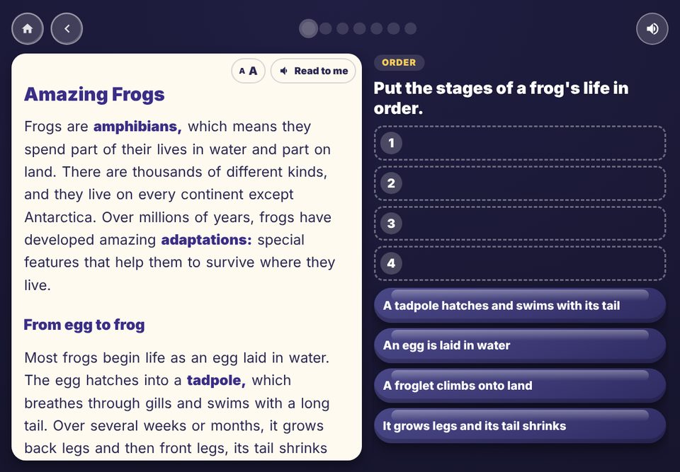 A reading text about frogs next to a question where the child puts the stages in order