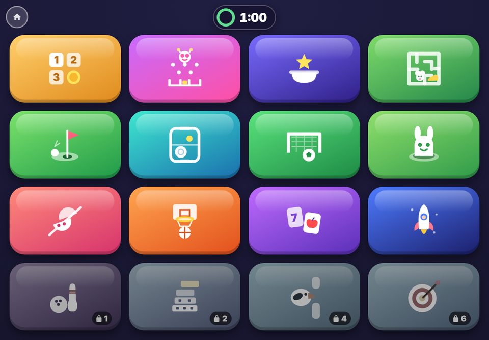 The arcade: a grid of sixteen game buttons, some locked until more stickers are collected