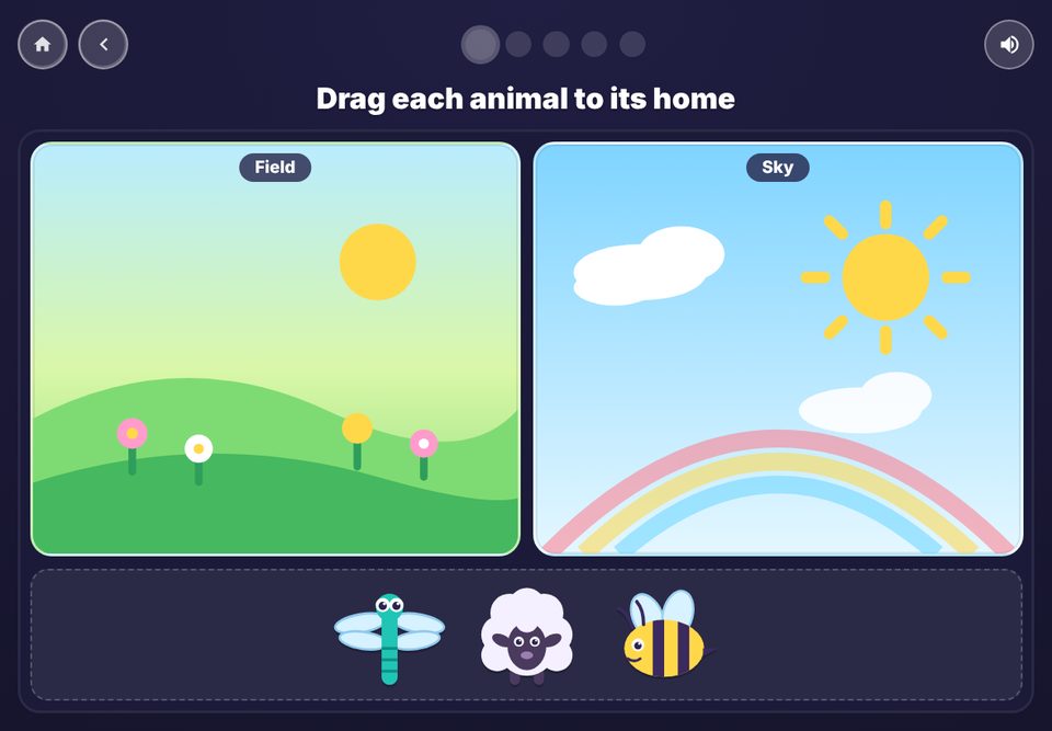 A mouse skills game where animals are dragged to their homes